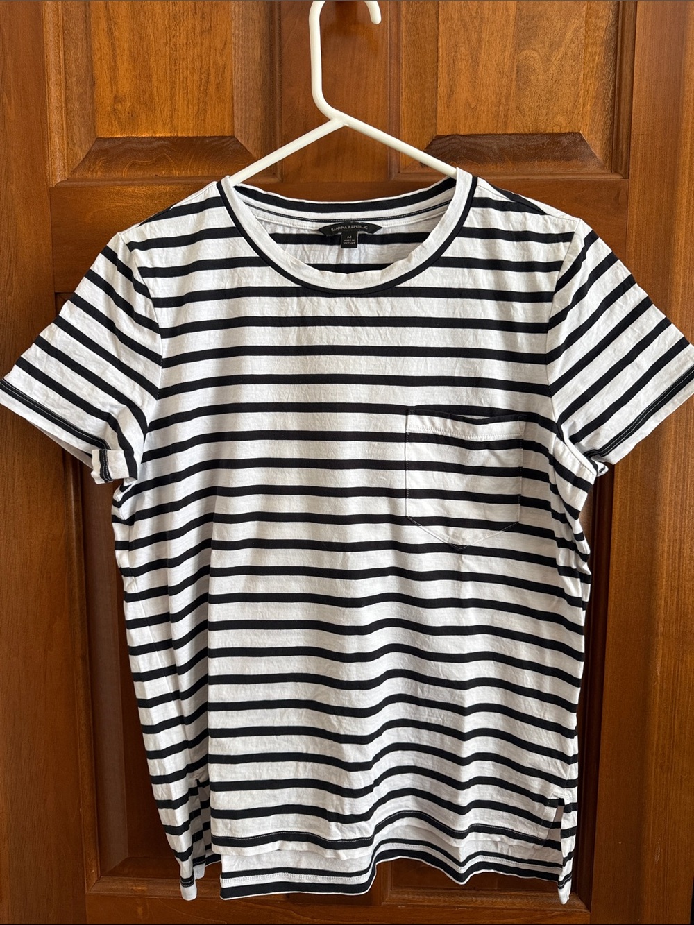 Banana Republic White and Black Striped Pocket Tee